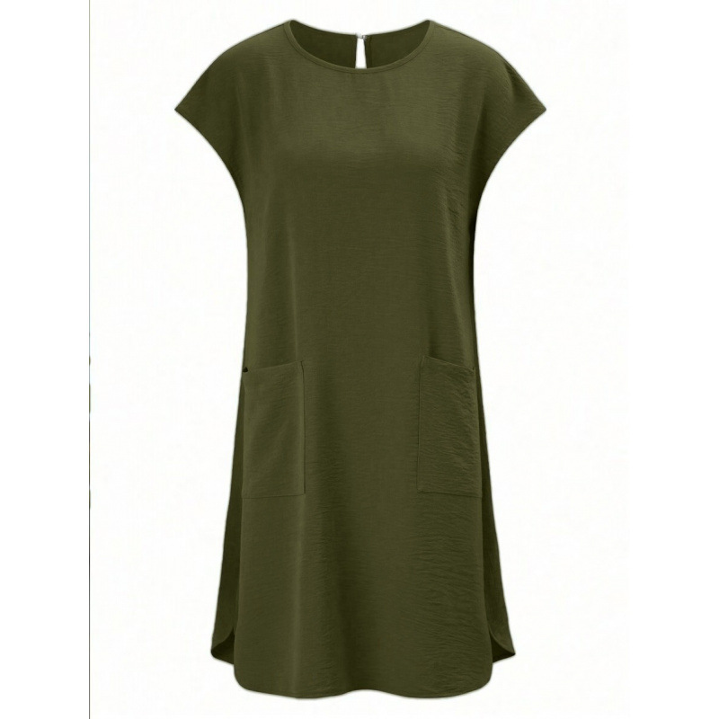 Casual Loose-fit Solid-color Round-neck Short-sleeve Ice-silk Pleated Dress photo 4