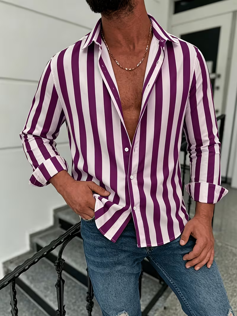 American-style Casual Men's Striped Long-sleeve Shirt photo 3