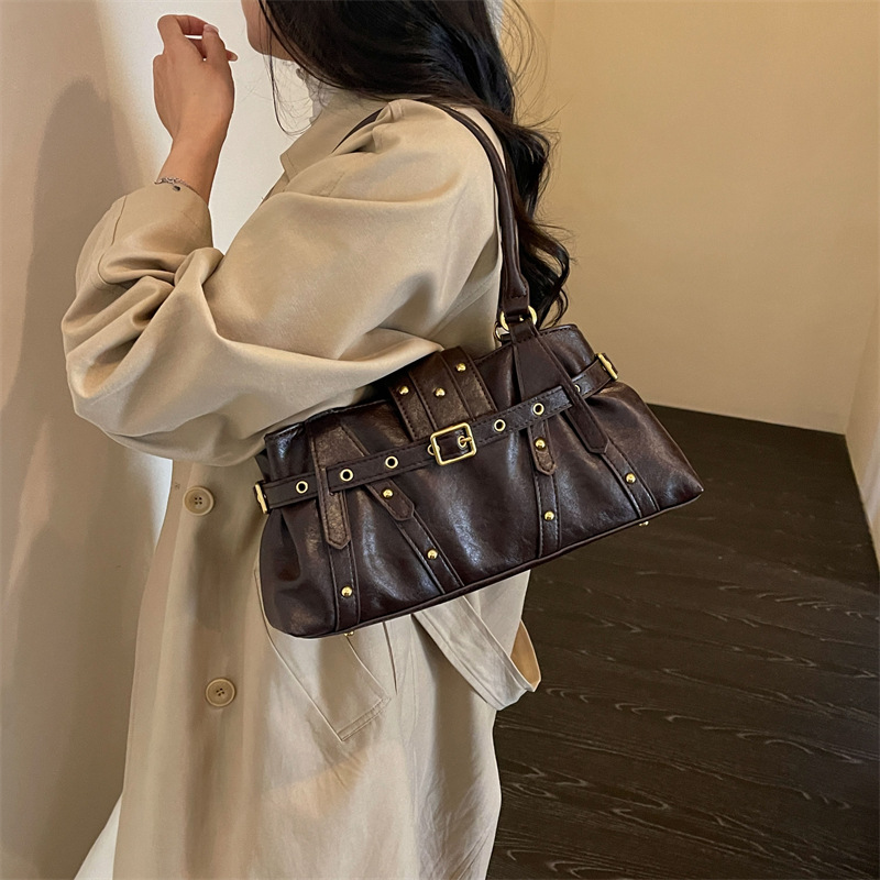 Womens Shoulder Bag With A Locomotive-style Belt Rivets And Metal Buckle photo 7