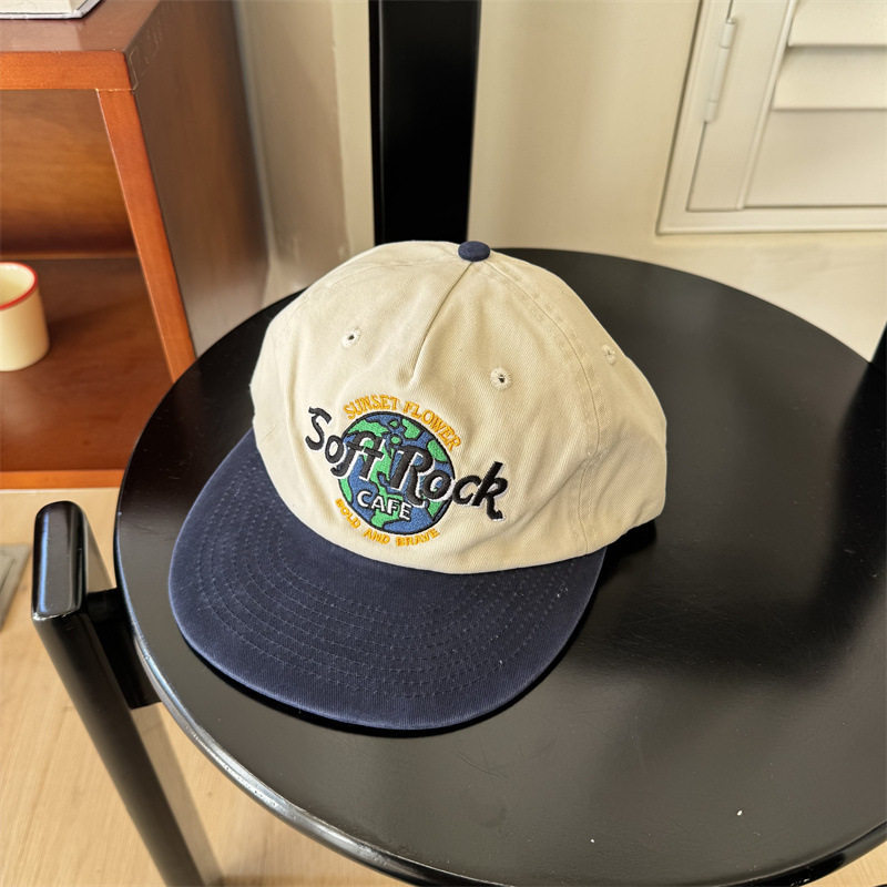 Retro Distressed Embroidery Color-block Flat-brim Baseball Cap photo 2