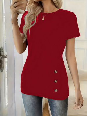 Round-neck Short-sleeve Top With Faux Button Detailingelegant And Versatile photo 4