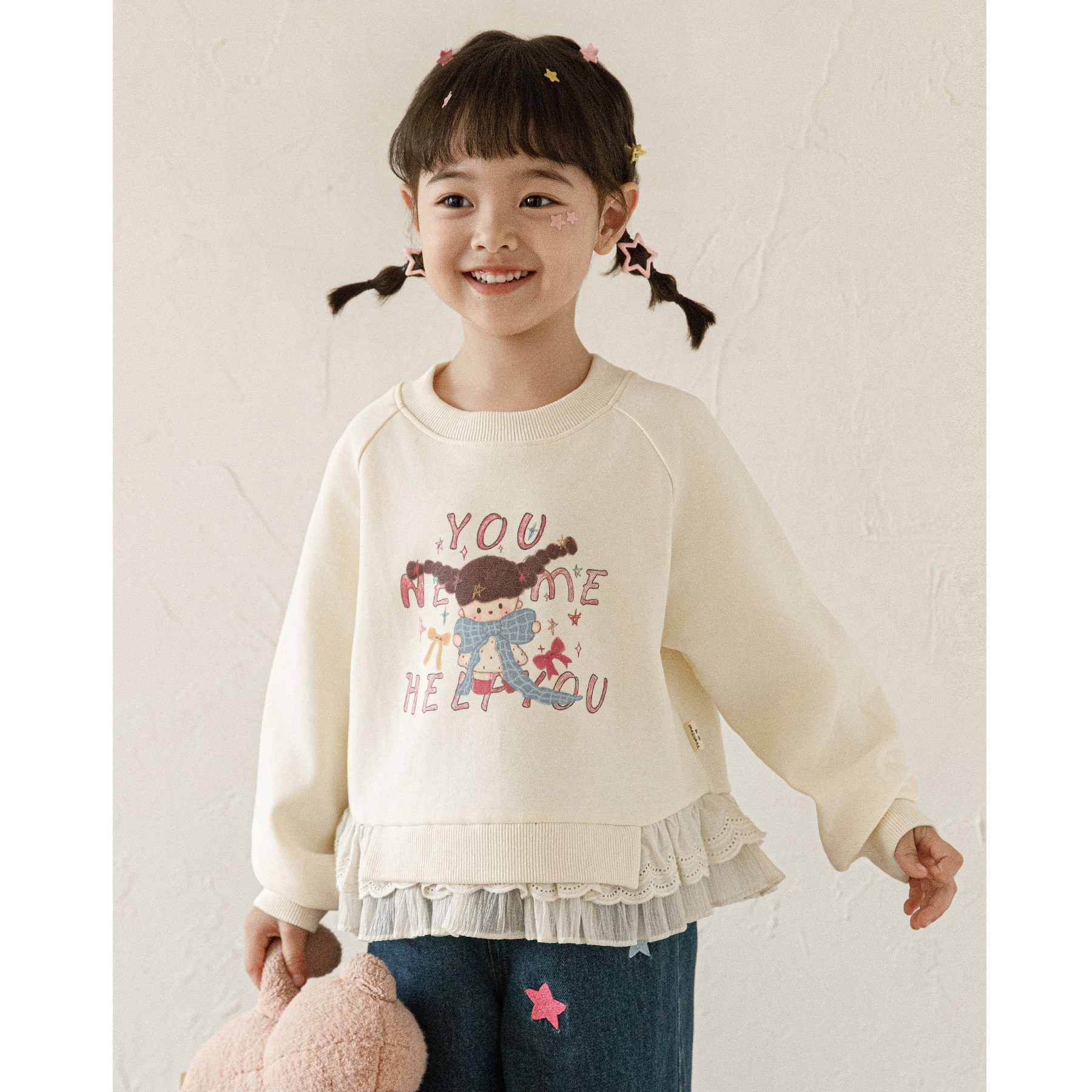 Cartoon-print Cotton Top With A Ruffled Hem And Lace Paneling Sweatshirt photo 5