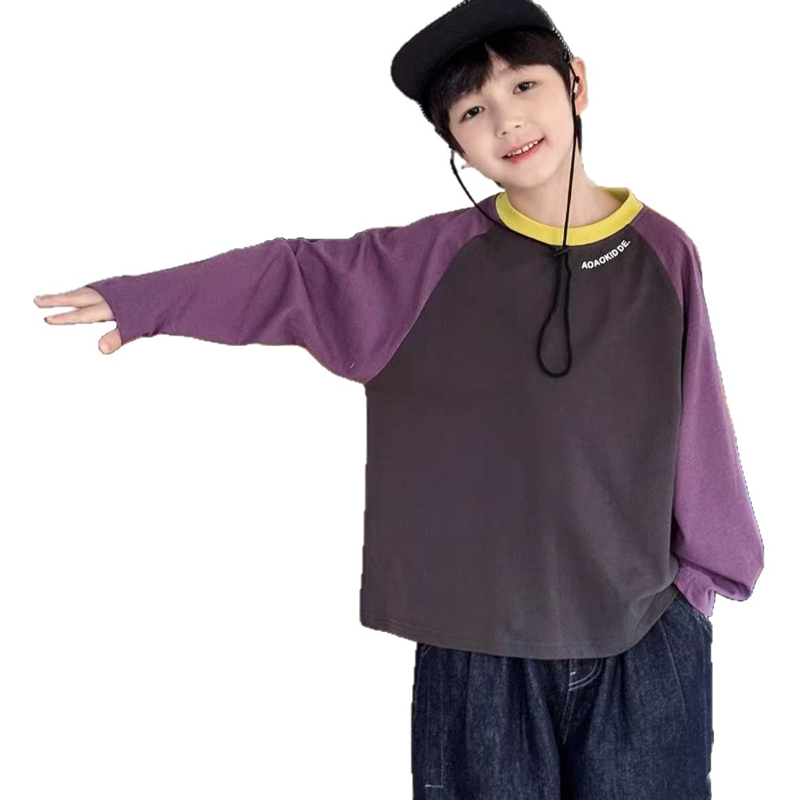 Korean-style Loose-fit Color-block Collar 100 Cotton Long-sleeve Kids' T-shirt photo 4