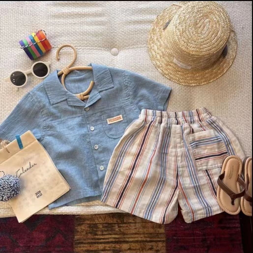 Boy's Cotton-linen Short-sleeve Shirt And Vertical-striped Shorts Two-piece Set photo 3