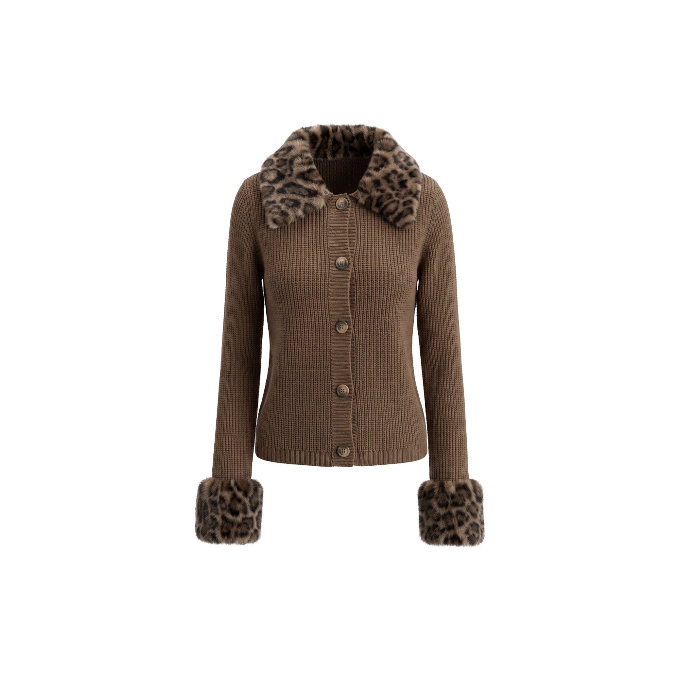 Women's Leopard-Print Fur-Trimmed Knitted Long-Sleeve Sweater photo 3
