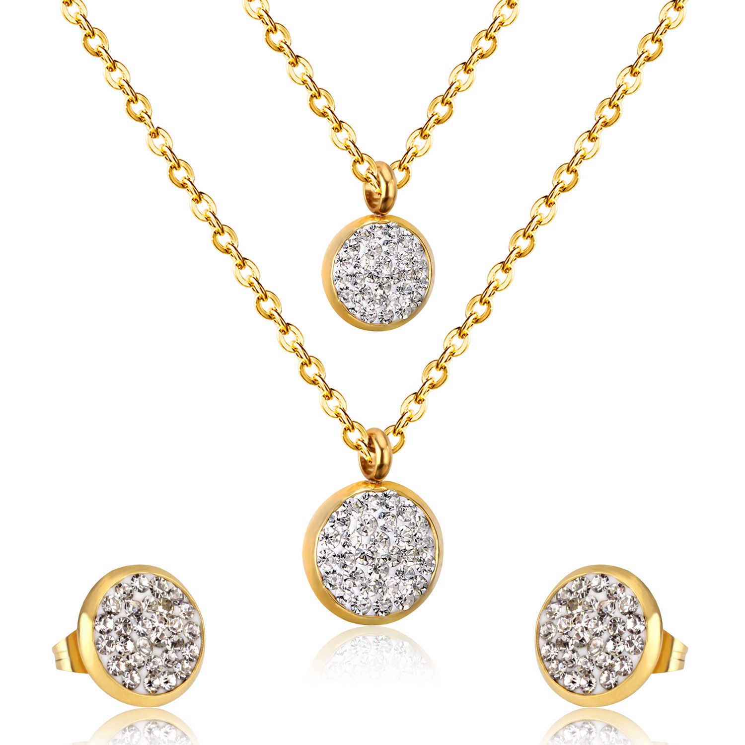 White Mud Pendant Double Chain Gold Stainless Steel Jewelry Set For Women photo 2