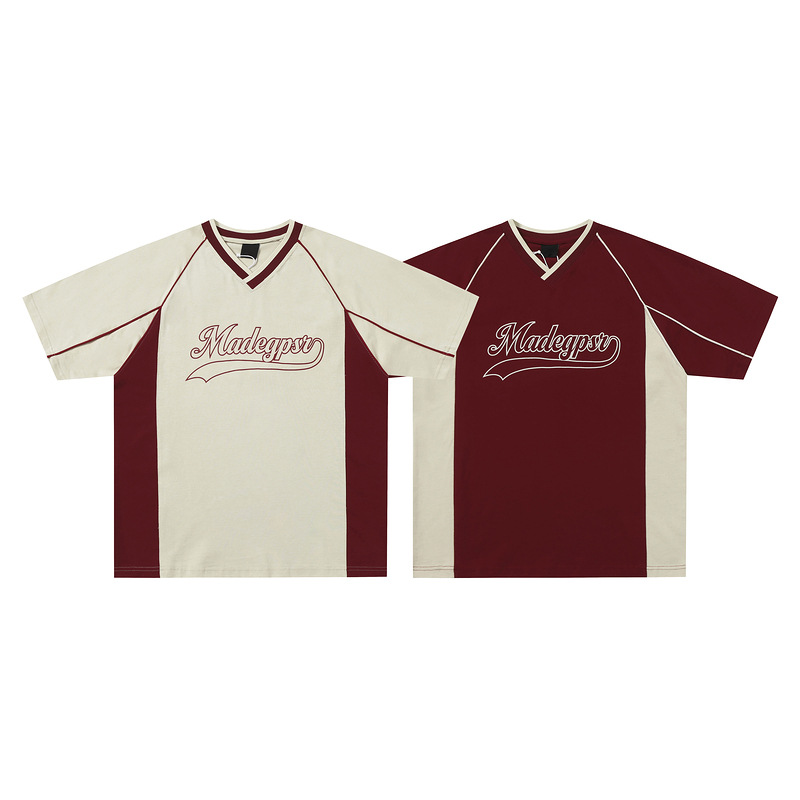 Short-sleeved Men's Summer Color Contrast Patchwork Loose T-shirt Couple Letters Top photo 1