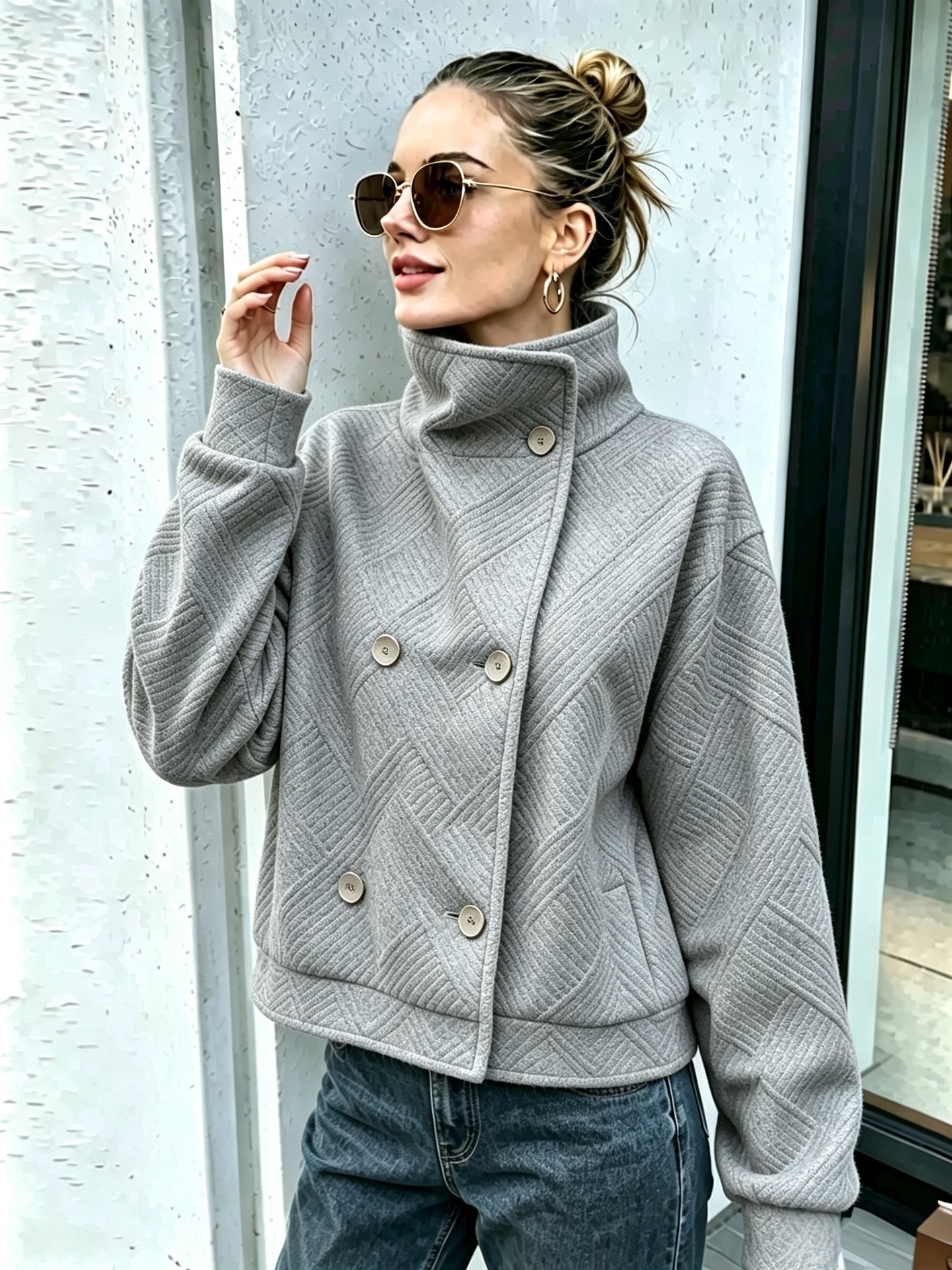 Women's Buttoned Turtleneck Double-breasted Lapel Coat photo 3