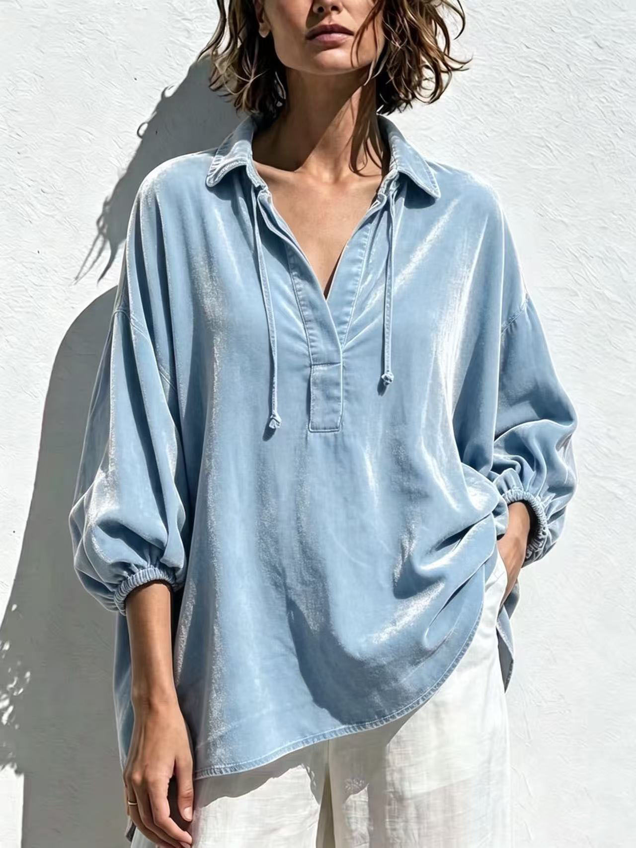 Women's Velvet Lapel Casual Polo Shirt photo 7