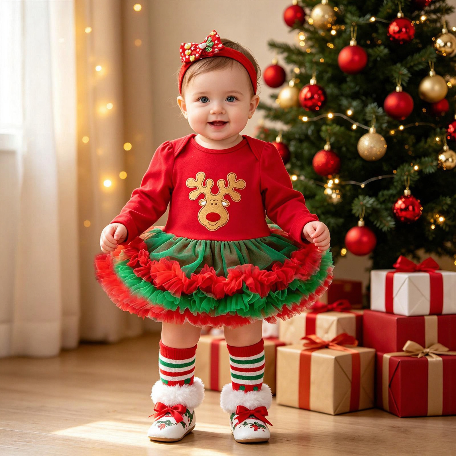 Baby Christmas Long-sleeve Cartoon Romper Dress Red Tulle One-piece Outfit Four-piece Set photo 7