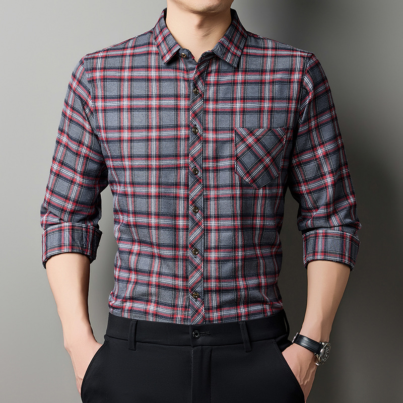 Breathable Fashionable Plaid Long-sleeve Printed Shirt For Middle-aged Men photo 3