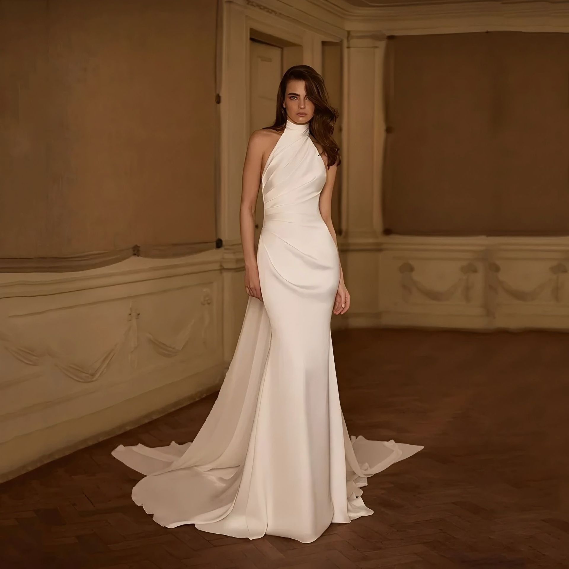 Satin Halter Neck Wedding Dress - Backless Sleeveless Bridal Gown For Ceremony photo 1