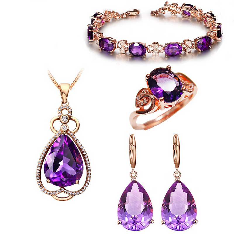 Quality Ear Hook Purple Gemstone Diamond Ring Rose Gold Collarbone Necklace Set photo 8