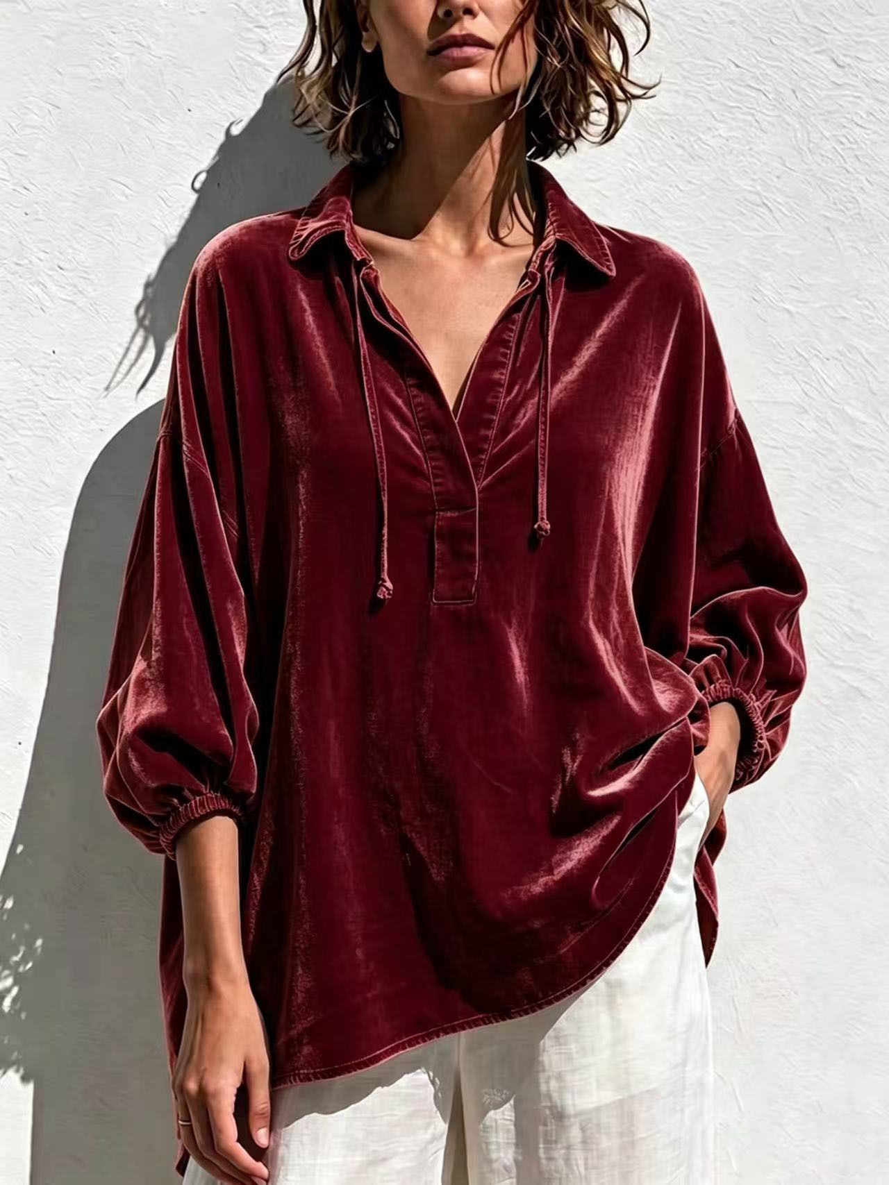 Women's Velvet Lapel Casual Polo Shirt photo 4
