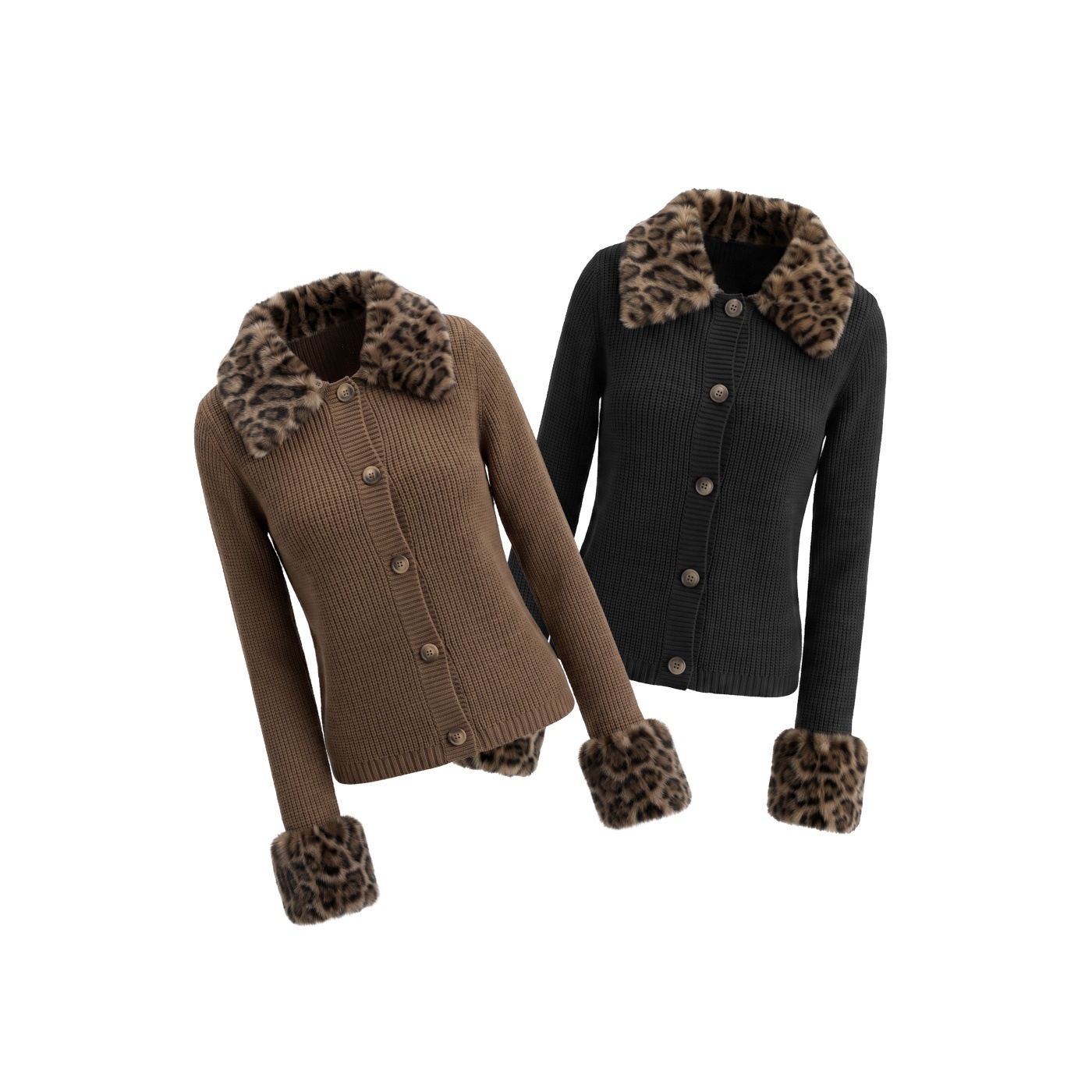 Women's Leopard-Print Fur-Trimmed Knitted Long-Sleeve Sweater photo 1
