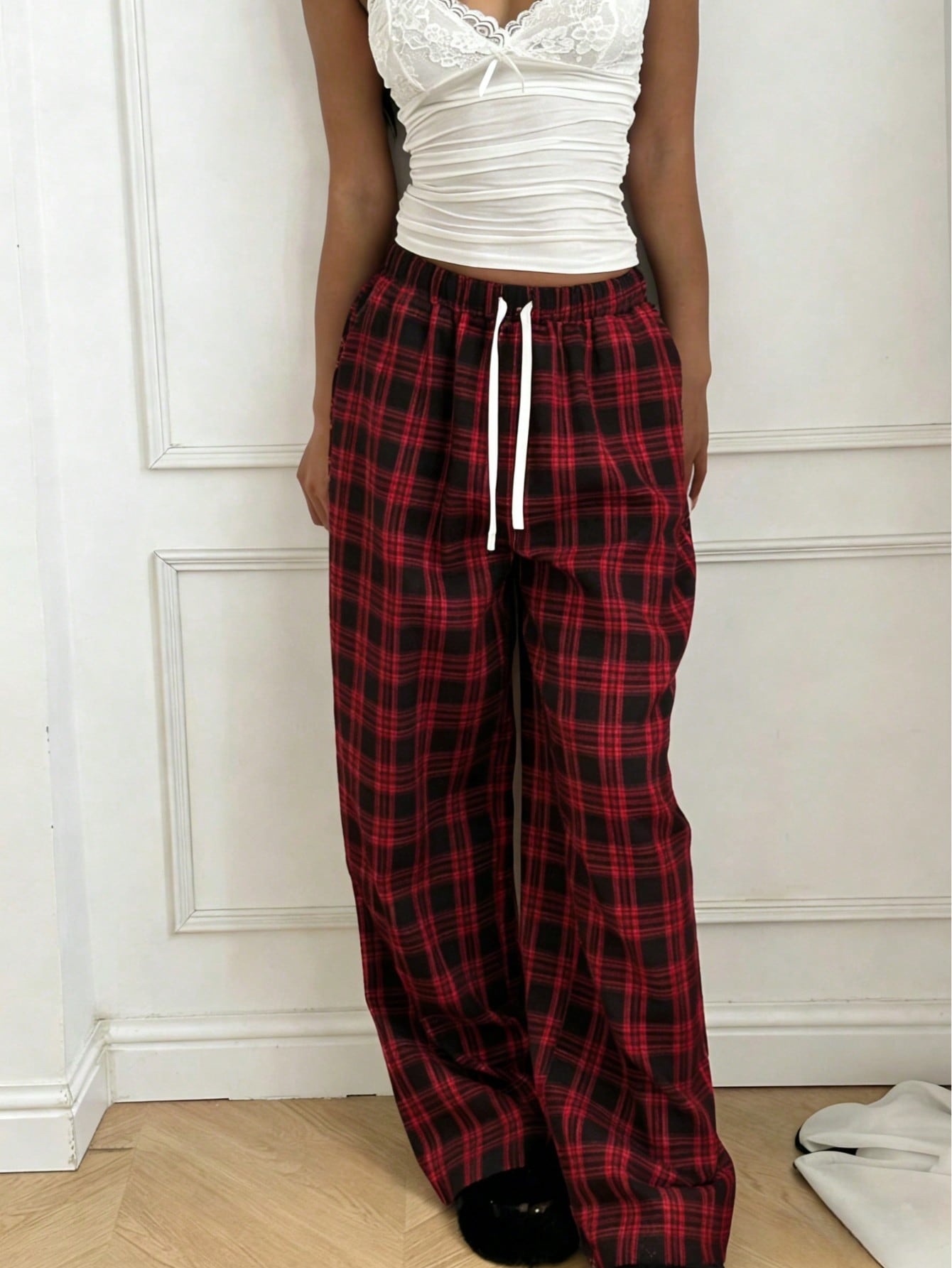 Women's Plaid Casual High-Waisted Wide-Leg Pants With Drawstring photo 7