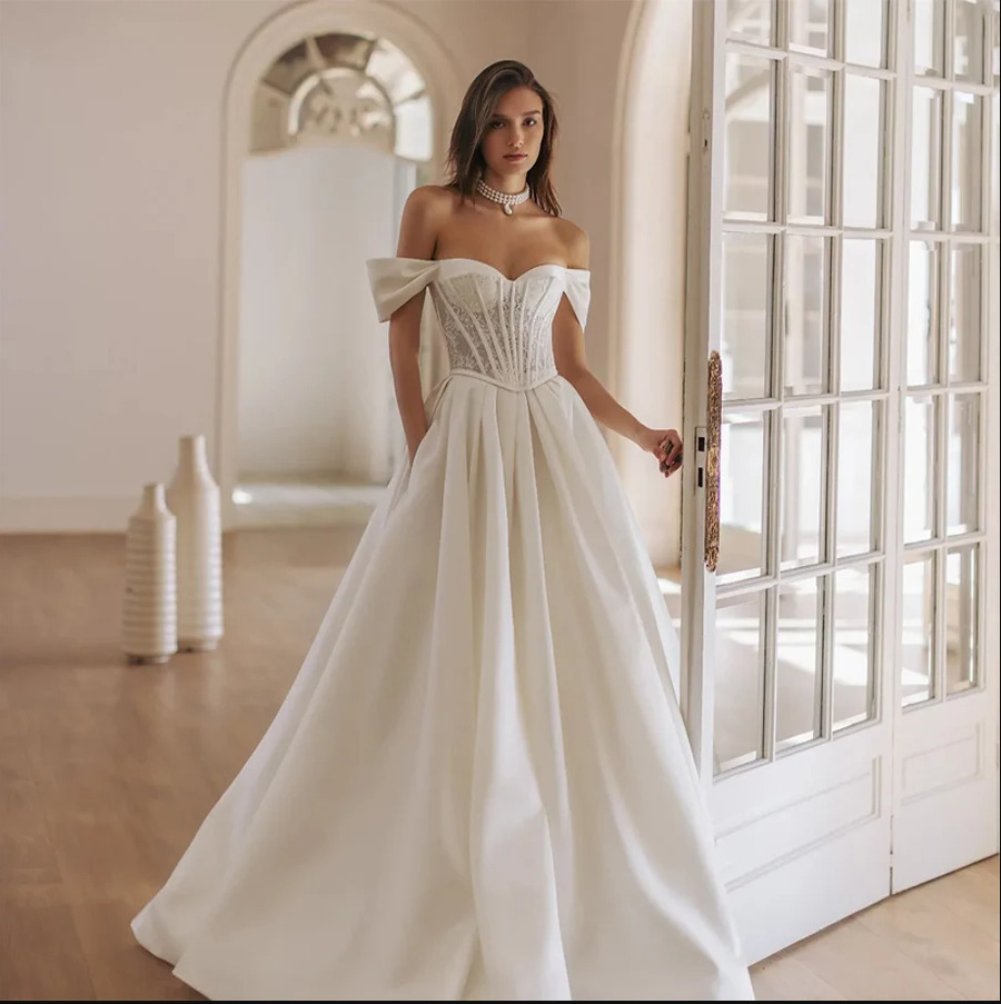 European And American Off-the-shoulder Satin Wedding Dress With Lace For Weddings photo 1