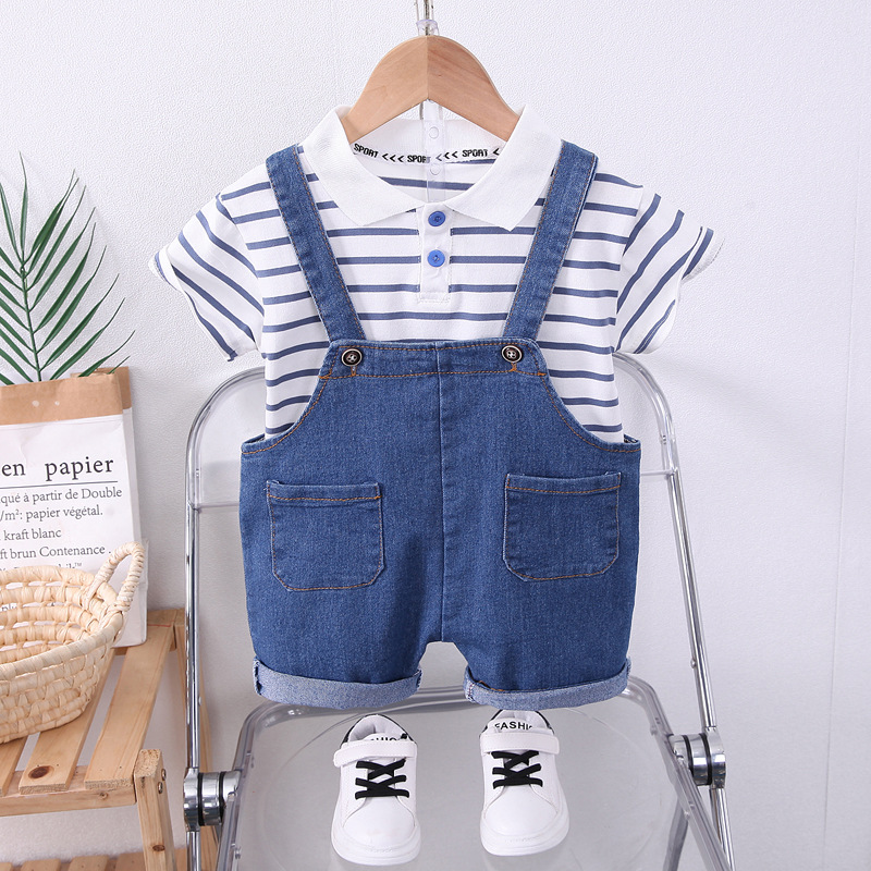 Boys Striped Lapel Denim Dungaree Set 2-Piece photo 5