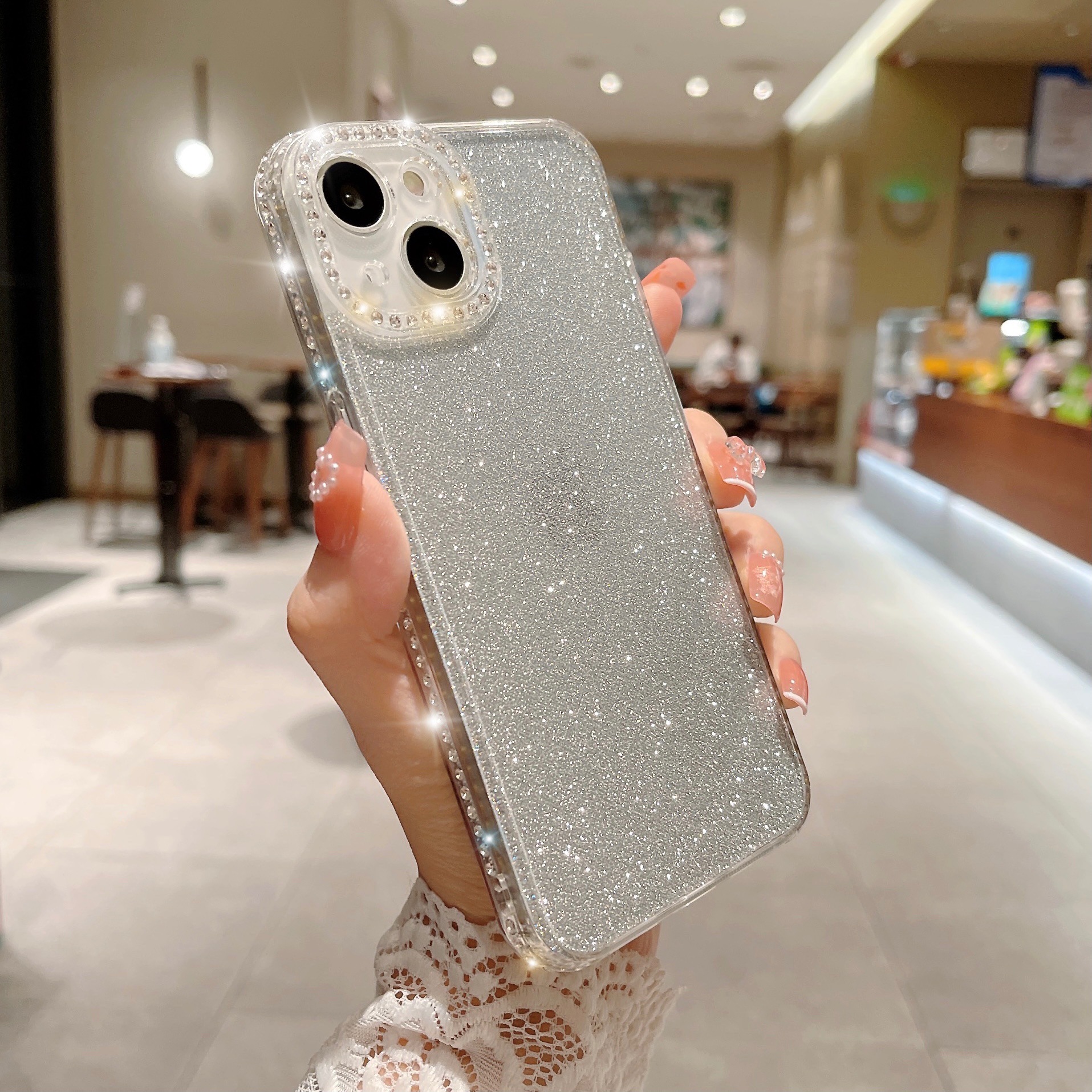 Glitter Rhinestone Electroplated Straight Edge Transparent Drop-resistant Protective Shell photo 5
