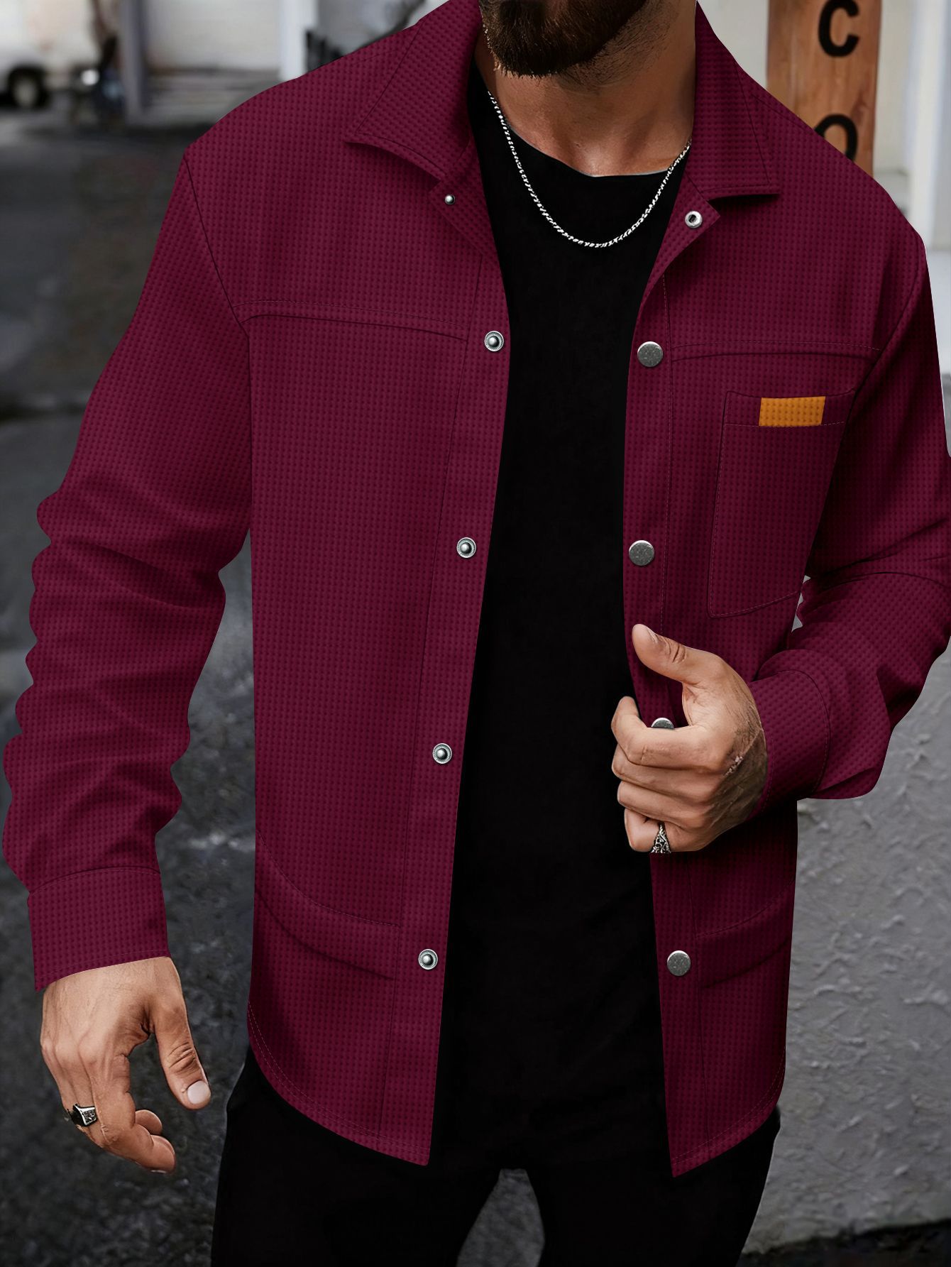 Solid-color Lapel-pocket Button-front Workwear Casual Long-sleeved Shirt photo 5