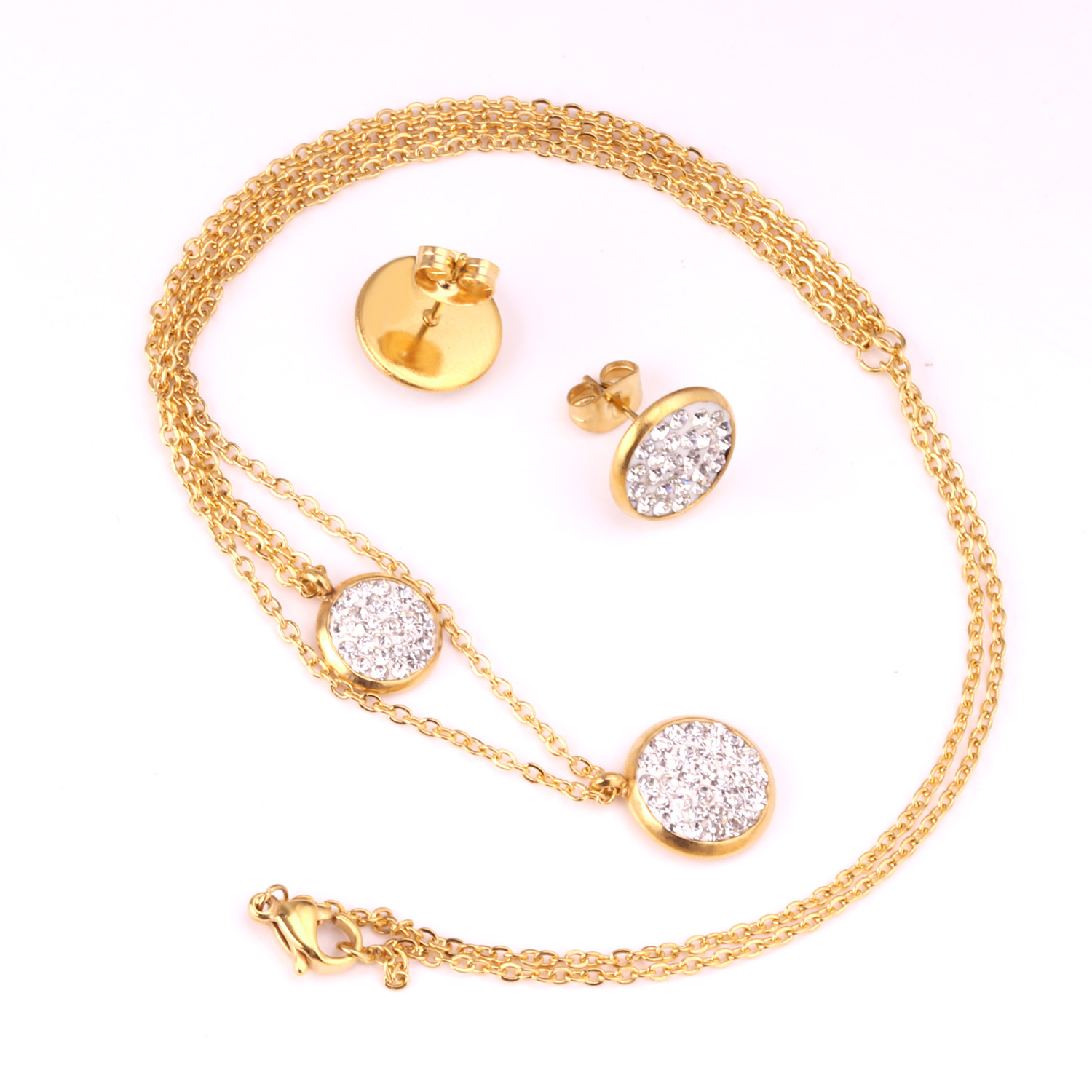 White Mud Pendant Double Chain Gold Stainless Steel Jewelry Set For Women photo 3