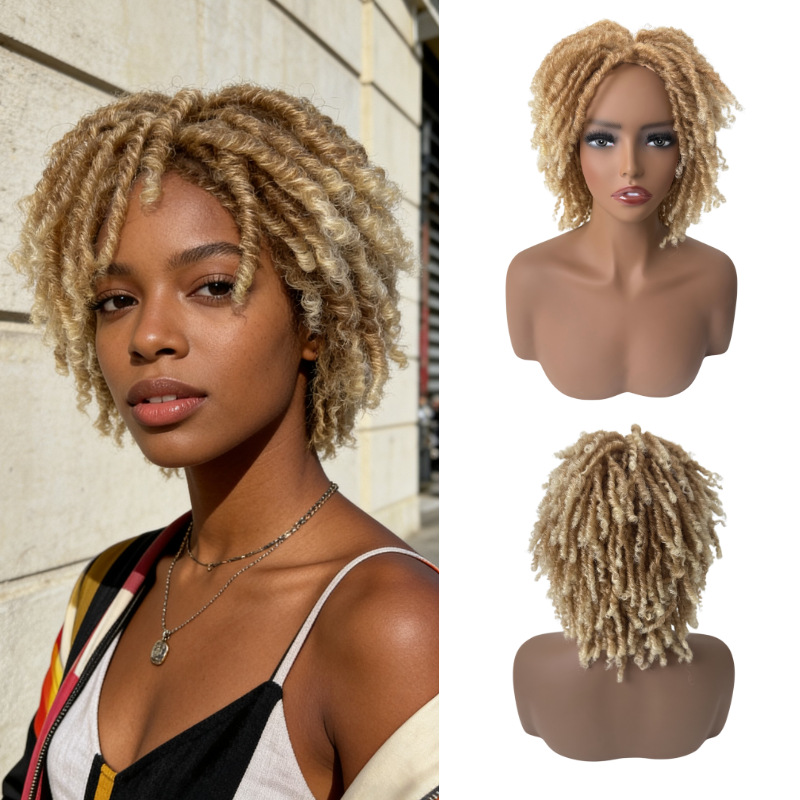 Dreadlock Short Curly Full-wig For Women High-temperature Silk Rose Mesh Cap photo 5