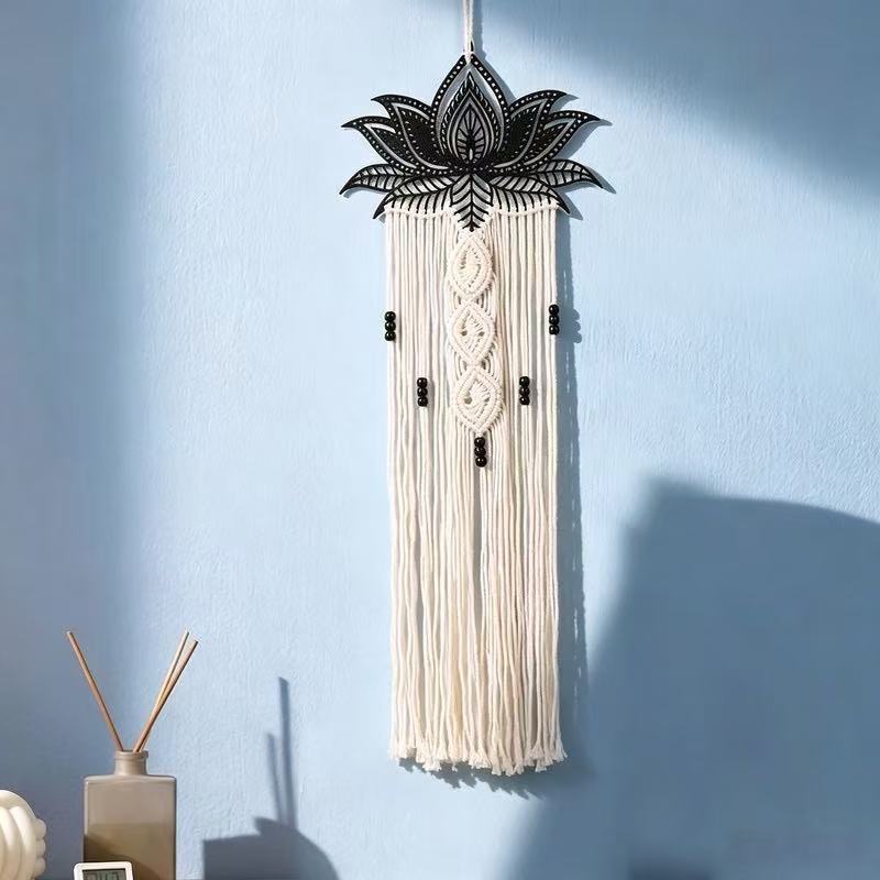 Bohemian Lotus Woven Iron Tapestry with Tassels - Handmade Cotton Rope Wall Hanging for Living Room and Guesthouse Decor photo 6