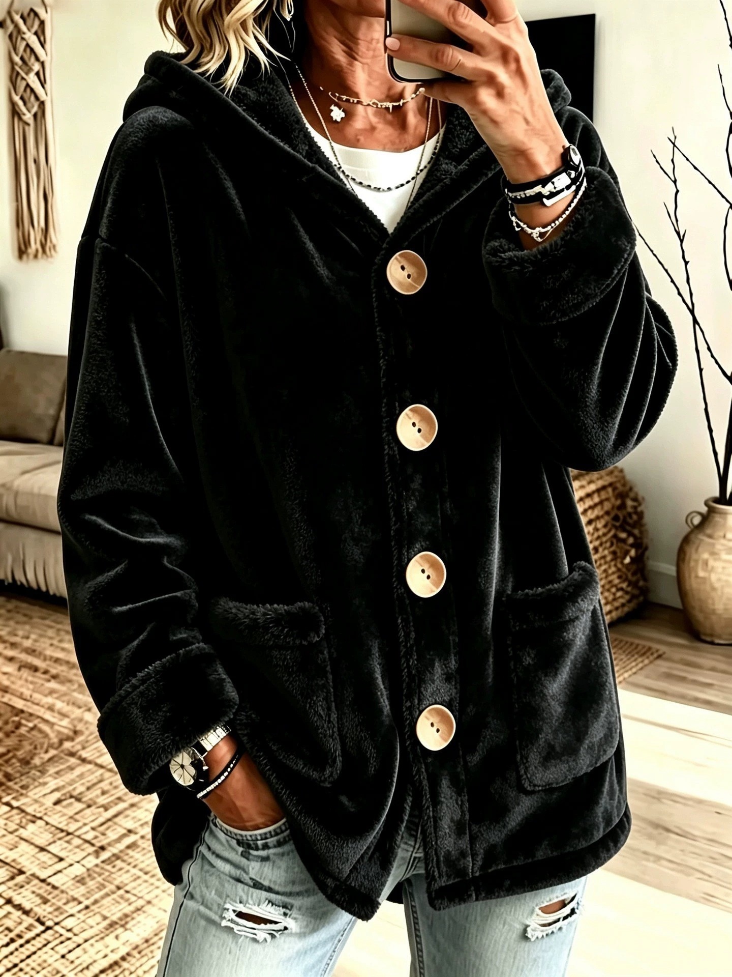 Hooded Velvet Outerwear Loose-fitting Cardigan Top photo 4