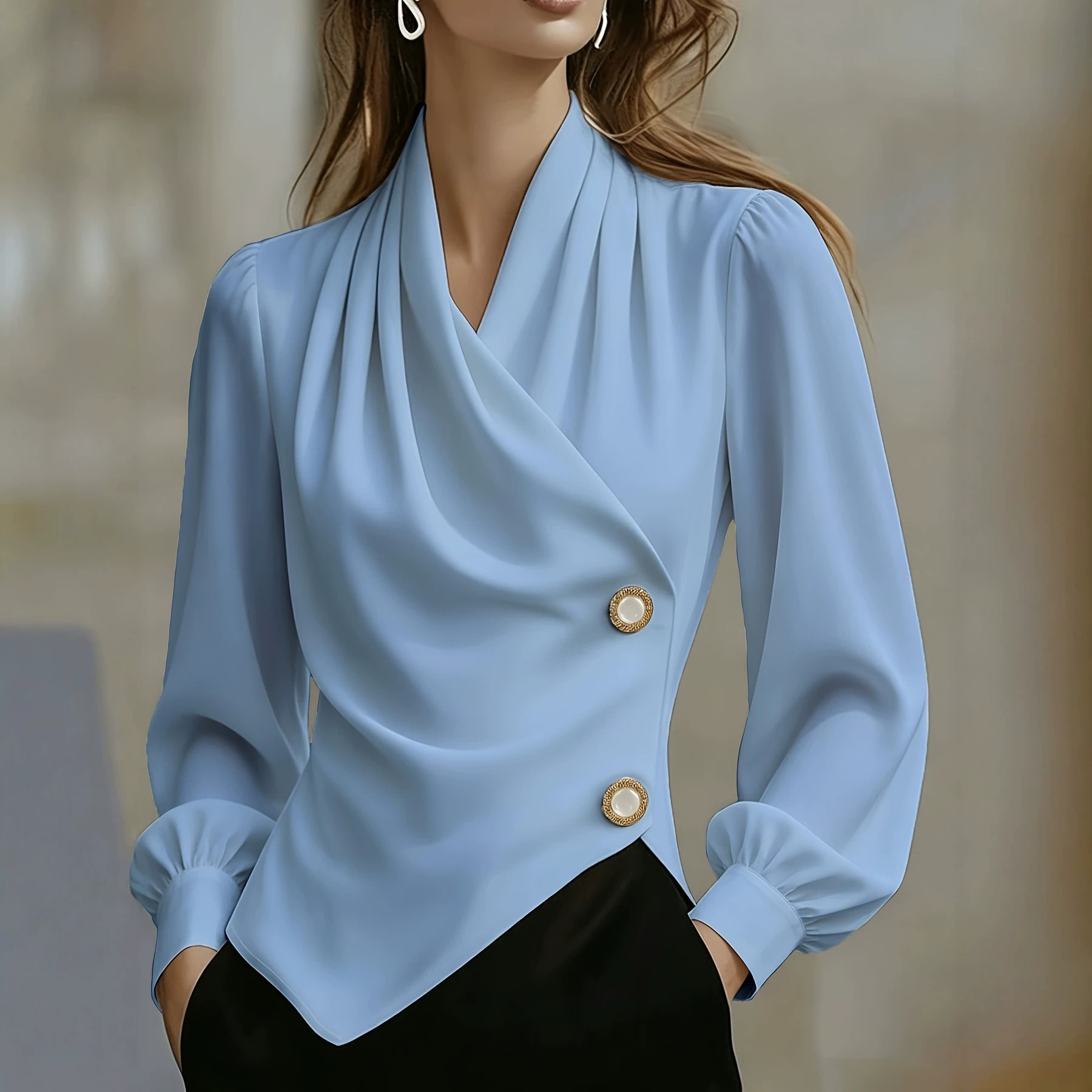 Crossover-collar Waist-cinching Asymmetrical Pearl-buttoned Slimming Versatile Long-sleeve Blouse photo 8