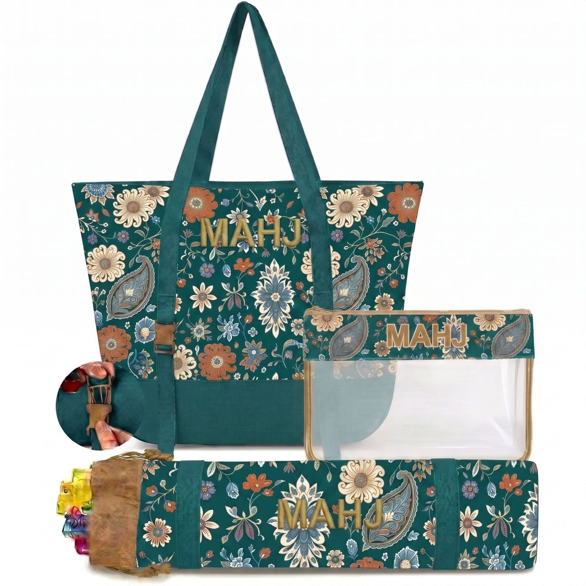 Retro Paisley Floral Embroidered Mahjong Storage Three-Piece Makeup Bag Set photo 4