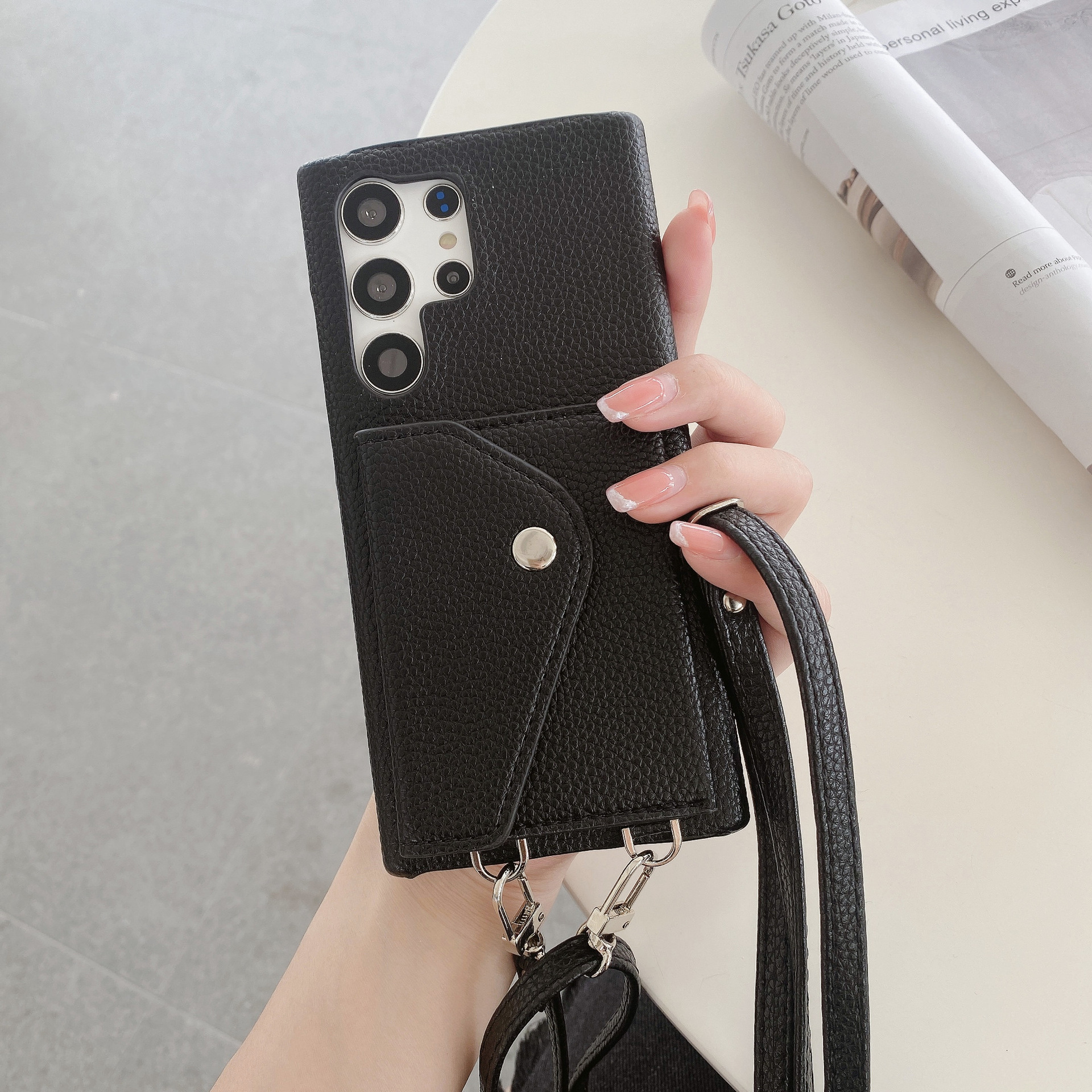 Litchi-textured Triangular Flip Card Holder With Lanyard For S24 Ultra photo 3