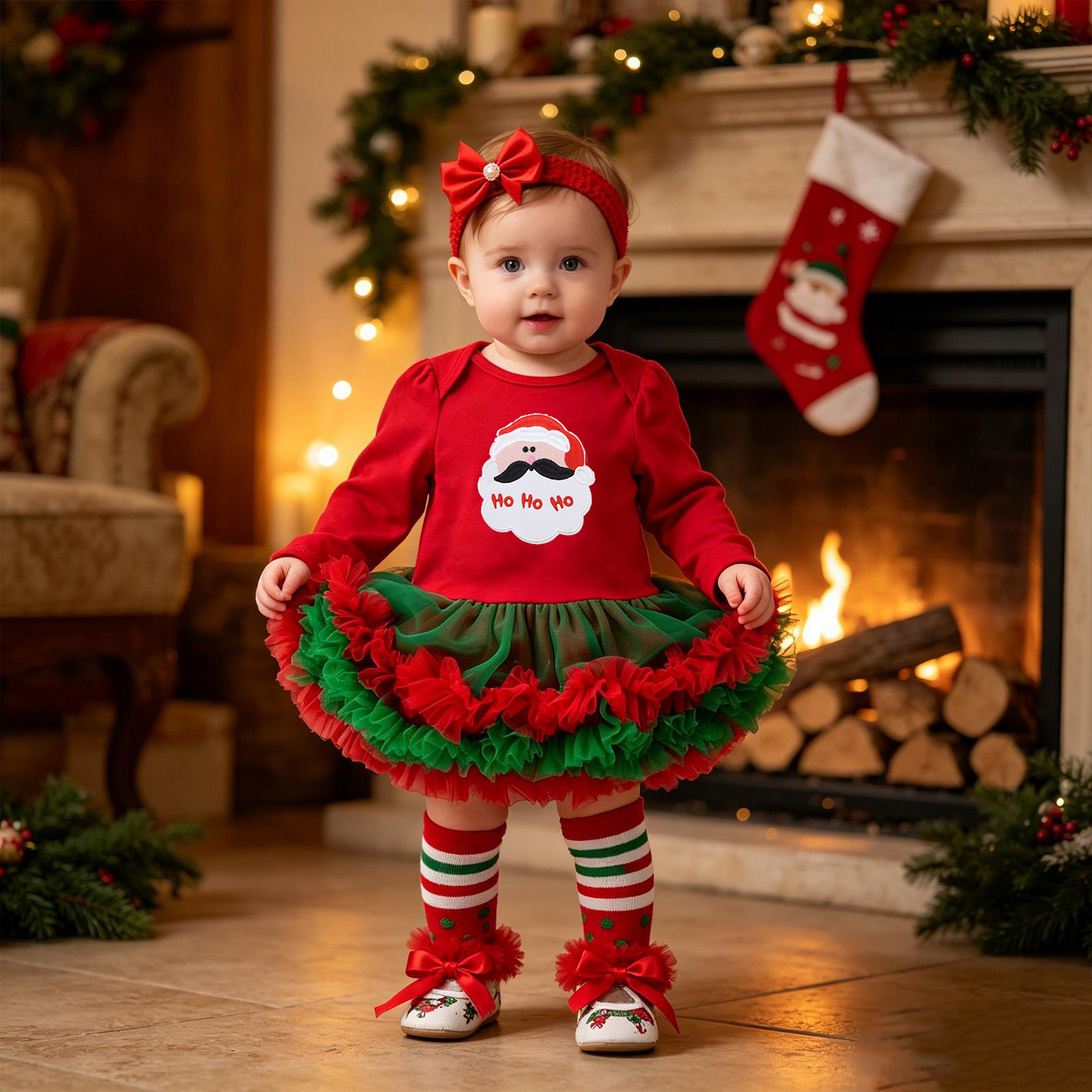 Baby Christmas Long-sleeve Cartoon Romper Dress Red Tulle One-piece Outfit Four-piece Set photo 8