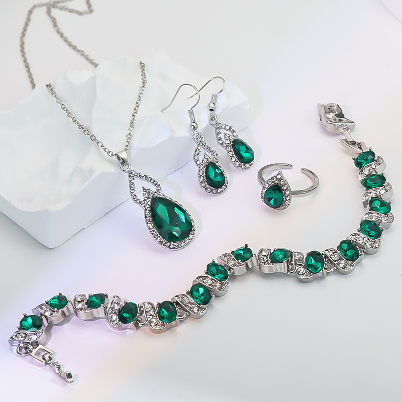 Light Luxury Zircon Necklace Earrings Open Ring Jewelry Suit photo 2