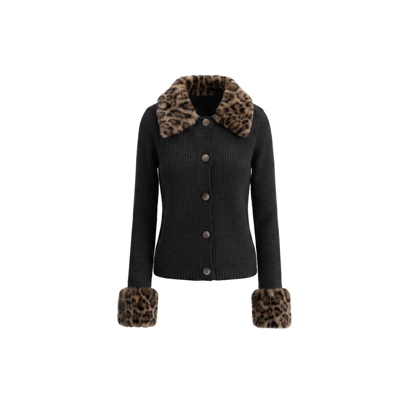 Women's Leopard-Print Fur-Trimmed Knitted Long-Sleeve Sweater photo 6