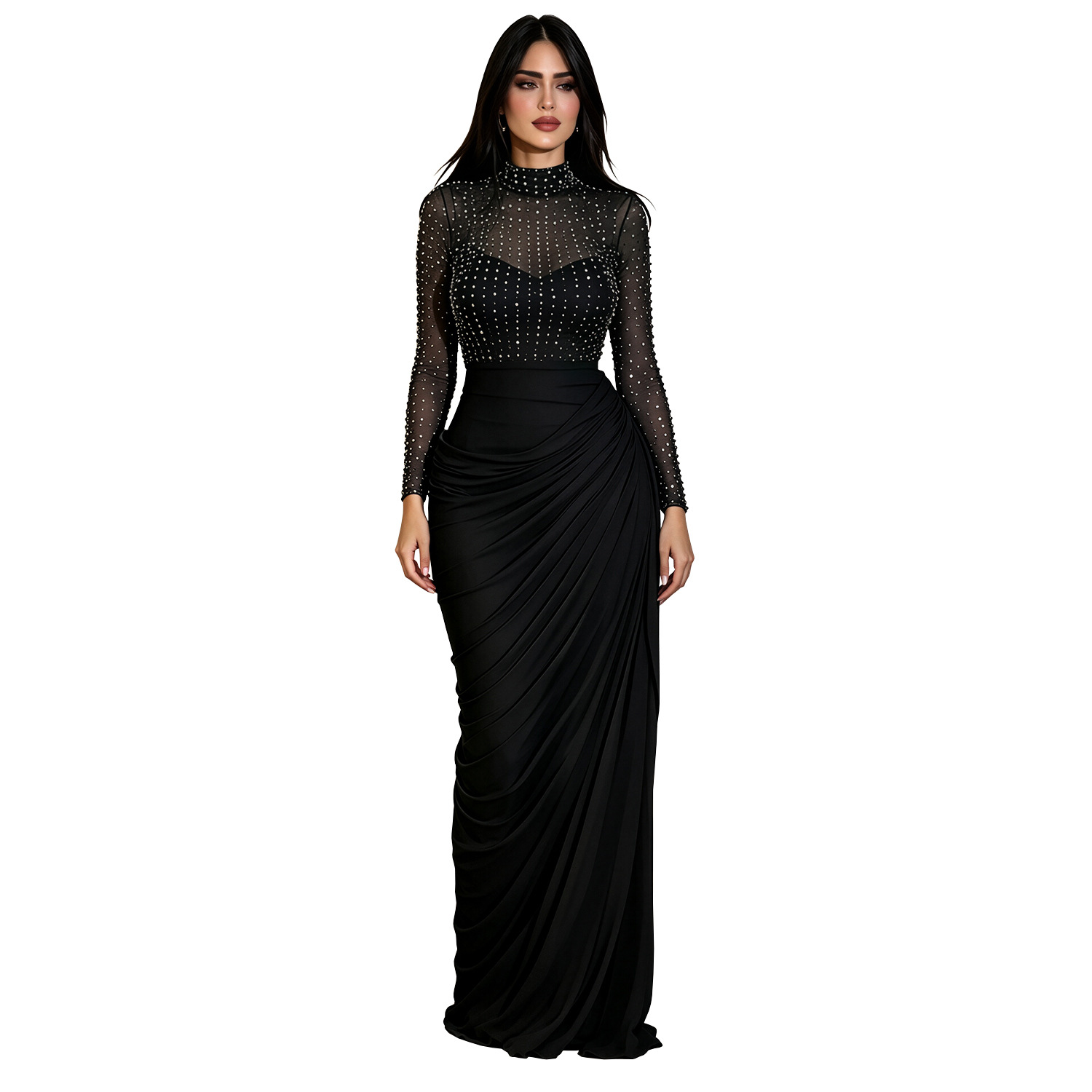 Mesh Long-sleeve Pleated Bodycon Sheath Dress photo 2