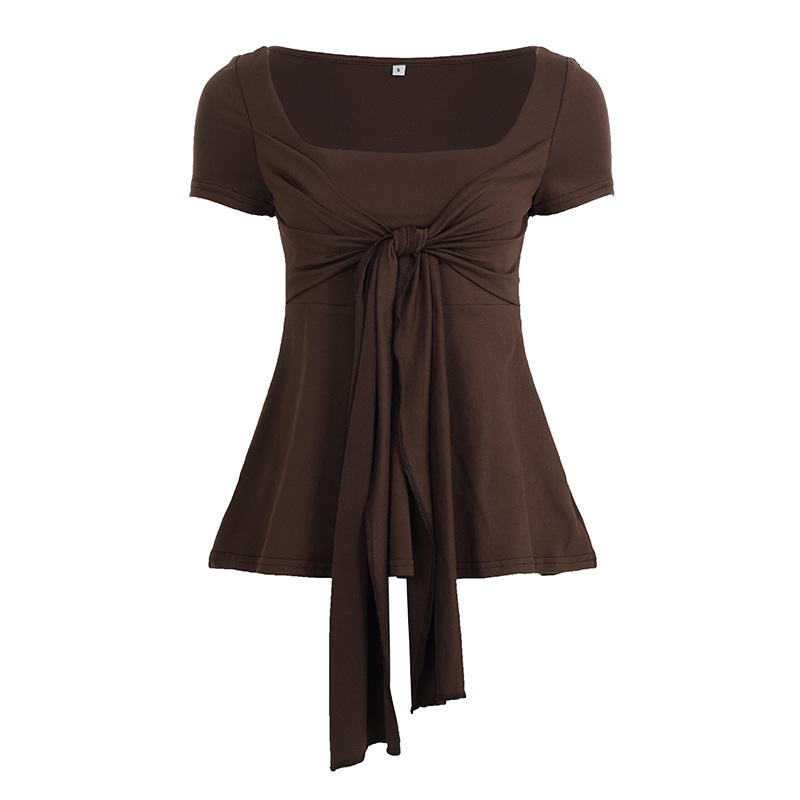 Summer Womens Retro Bow-tie Square-neck Loose-fit Short-sleeve Top photo 3