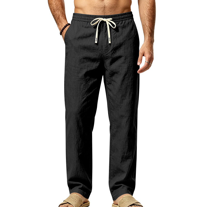 Mens Straight Leg Solid Color Casual Linen Pants With Drawstring And Elastic Waist photo 8