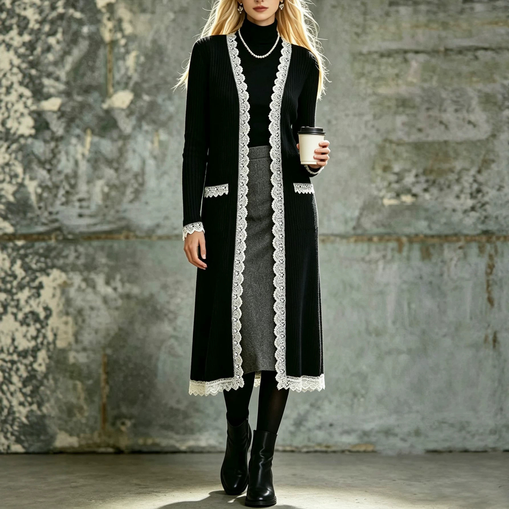 Women's AutumnWinter Knitted Sweater Color-Block Lace Cardigan Coat photo 3