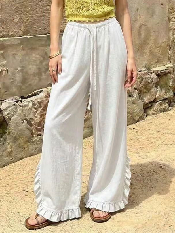 High Waisted Wide Leg Trousers With A Draped Ruffled Hem Casual Long Pants photo 3
