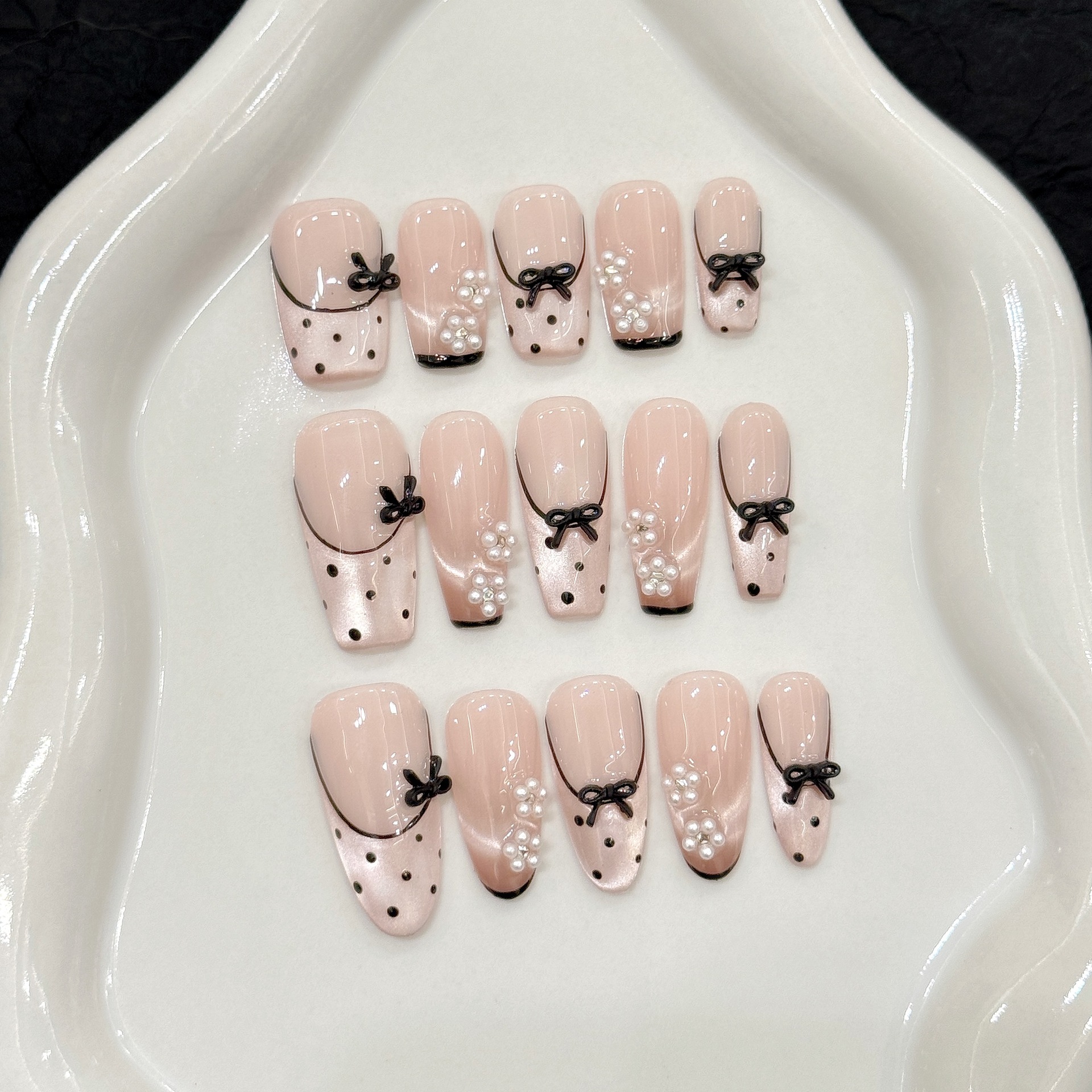 Hand-Painted Cat-Eye Lace-Trimmed French Polka-Dot Nail Stickers Purely Handmade Wearable Nails photo 1