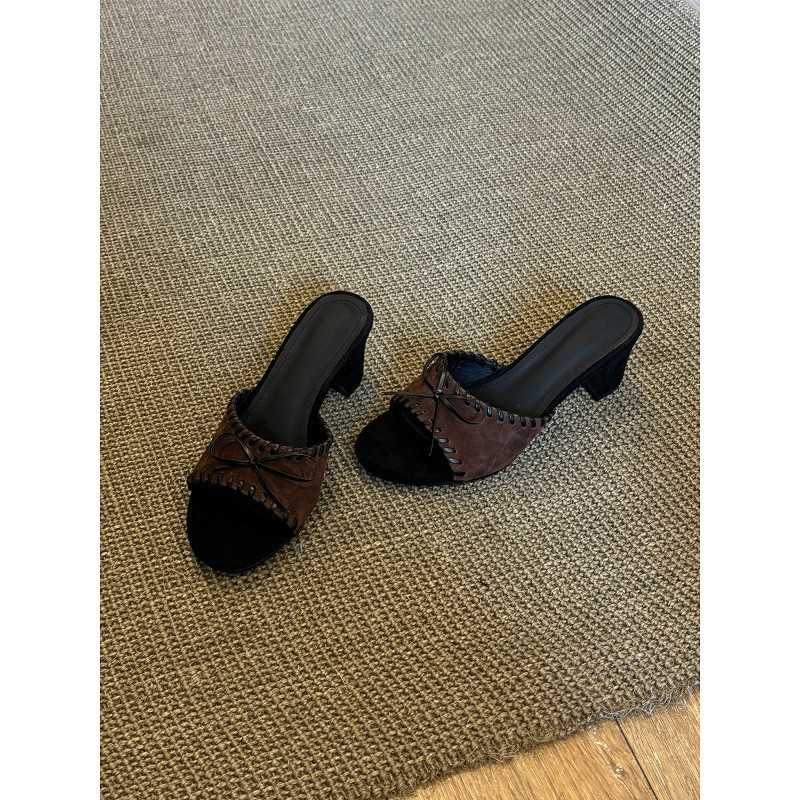 Retro Bow-knot High-heeled Woven Slide Sandals photo 5