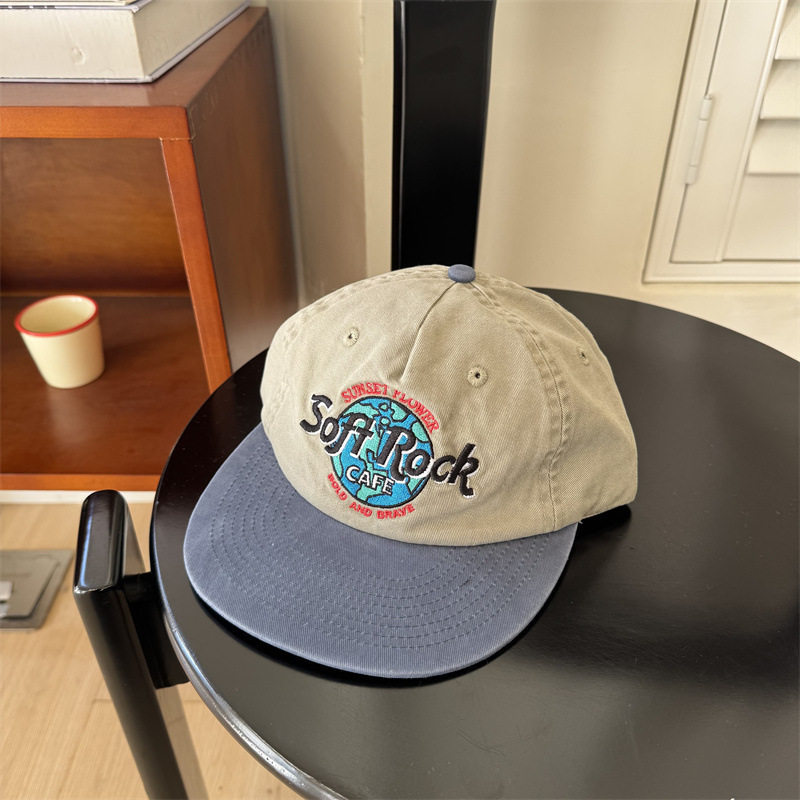 Retro Distressed Embroidery Color-block Flat-brim Baseball Cap photo 7