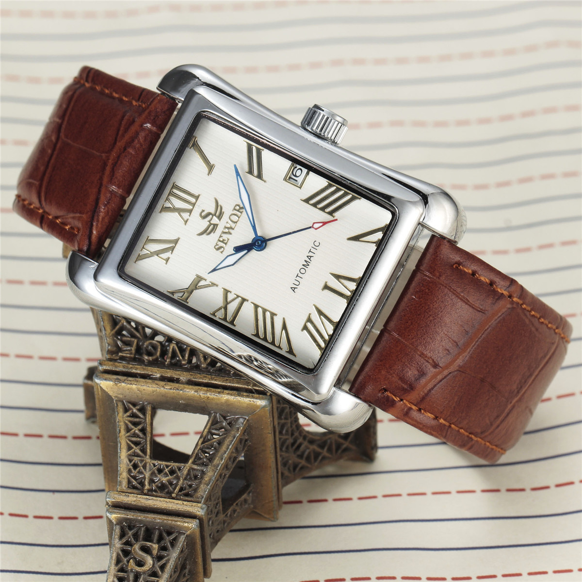 Mens Automatic Mechanical Square-case Leather-strapped Mens Watch Calendar Wristwatch photo 1