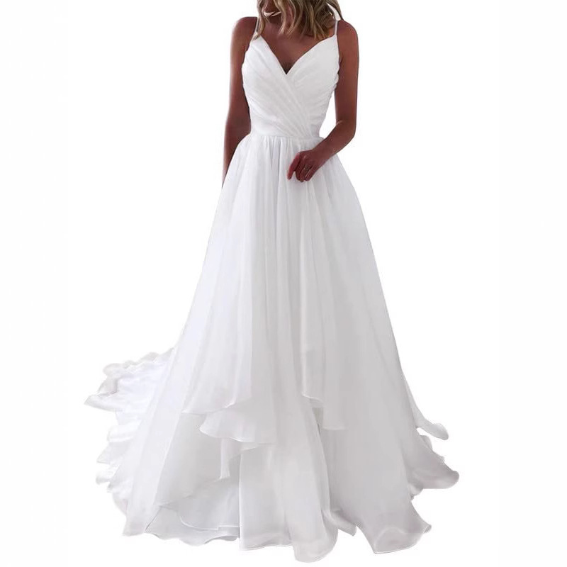 Fitted-waist Pleated V-neck Strap Light Wedding Dress photo 2
