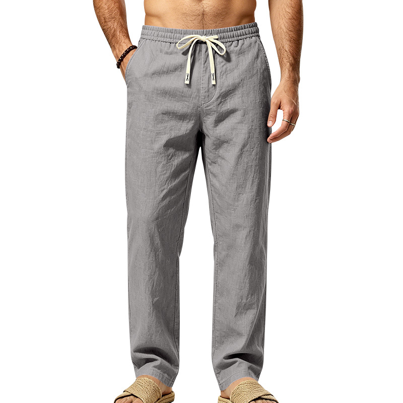 Mens Straight Leg Solid Color Casual Linen Pants With Drawstring And Elastic Waist photo 6