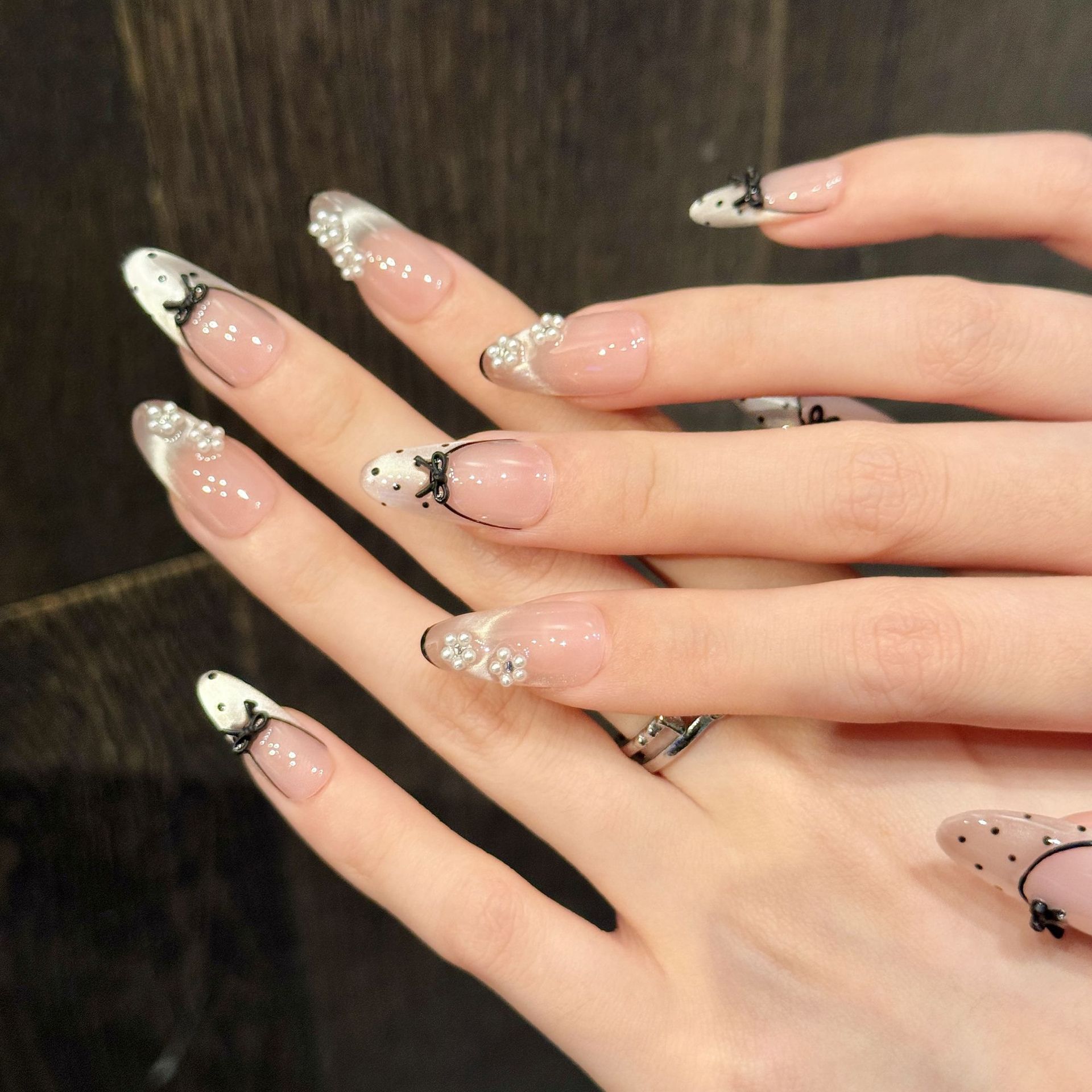 Hand-Painted Cat-Eye Lace-Trimmed French Polka-Dot Nail Stickers Purely Handmade Wearable Nails photo 7