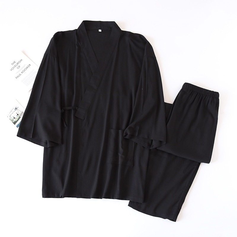 Japanese-style Solid-color Mens Kimono Pajamas, Cotton-linen Drawstring Homewear Set photo 4