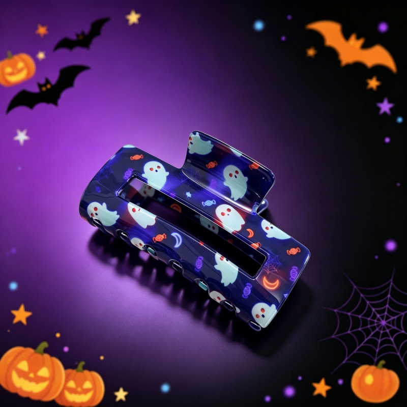 Halloween-themed Hair Clip Square Clip With Skull And Black Cat Print photo 4