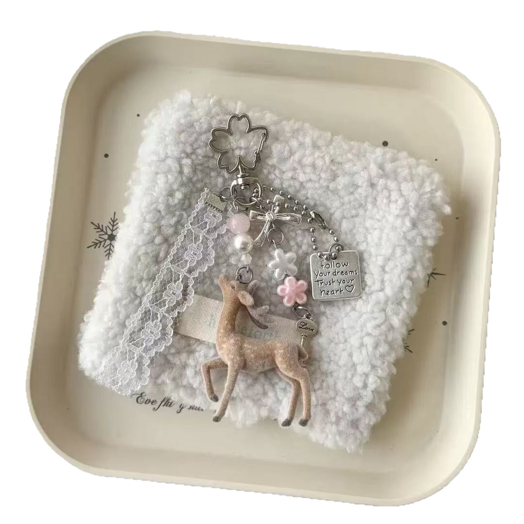 Lace-flocked Fawn Personalized Niche Beaded Keychain photo 5