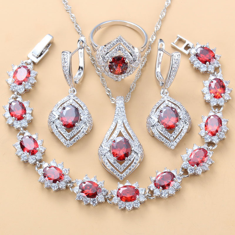 Inlaid Gemstone Pendant Earrings Necklace And Ring For Women 4 PCs Set photo 1